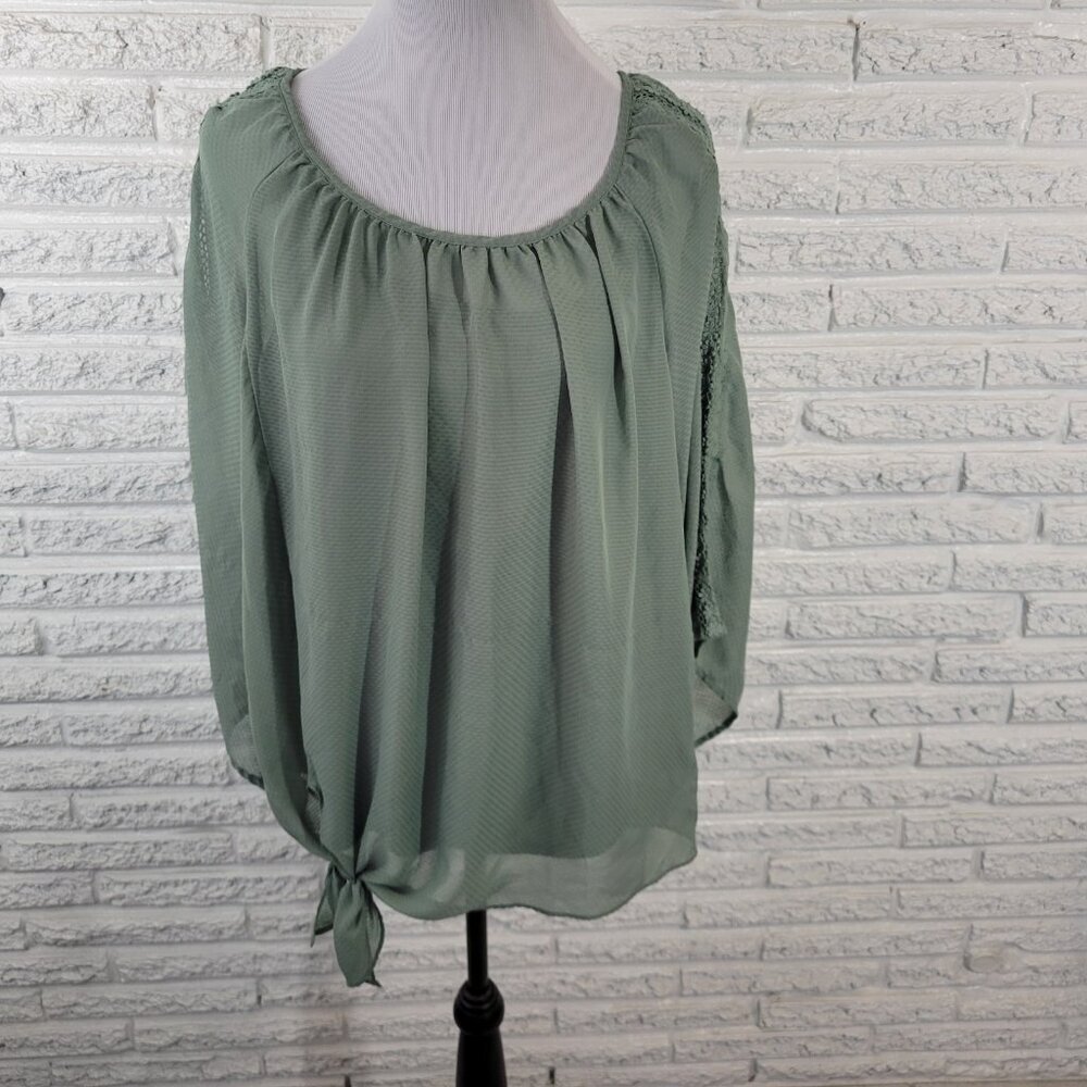 Alyx Womens Top XL Green Blouse Sheer Crocheted 3/4 Sleeve Lined Tank GRE31E